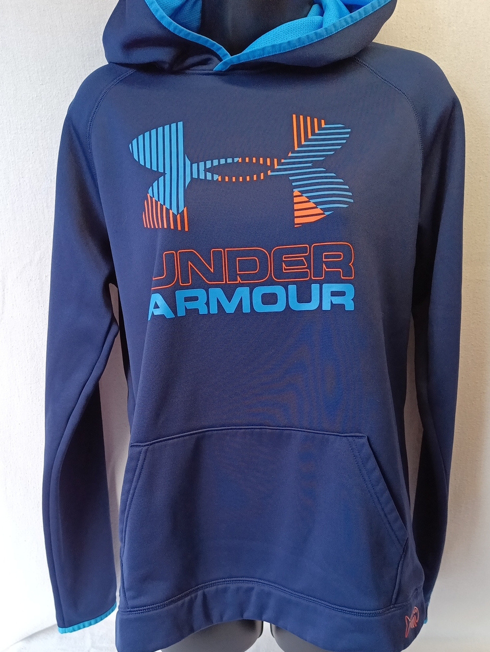 Under Armour Navy Hoodie with Aqua and Orange Logo -Orange Fish Graphic Accents